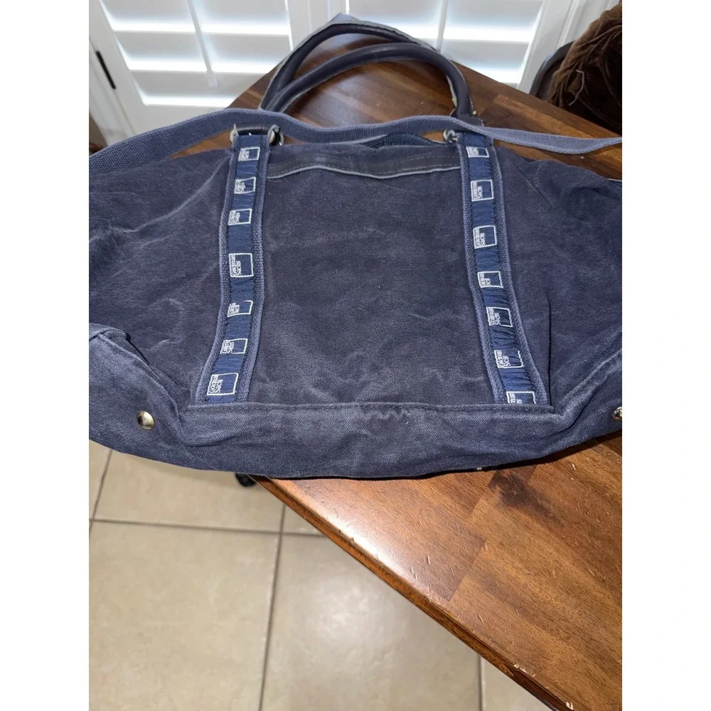 Goldman Sachs Navy Blue Canvas Duffel Bag Leather Trim Travel Weekend Gym Bag